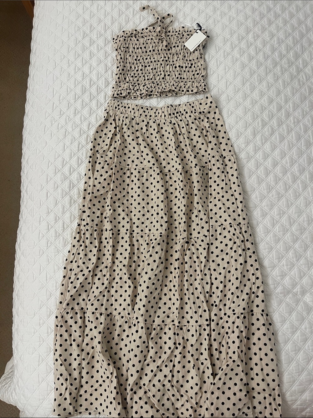 Polka Dot Strapless Maxi Dress set - Beige with Black Dots 2 piece set